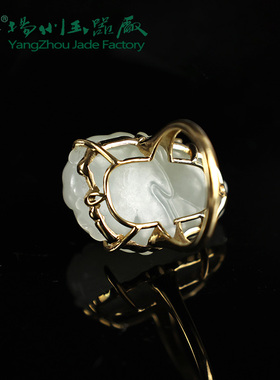 玉缘和田玉新疆和田白玉籽花开富贵18k金戒指玉质细腻白度好油润
