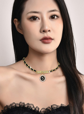 东大门LOVE镶钻珍珠编织锁骨链女