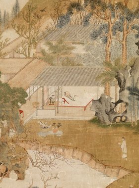 明仇英林亭佳趣轴新中式装饰画山水画客厅沙发玄关茶楼挂画字画