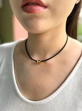 高档横穿孔真皮项链绳女款黄金吊坠挂绳皮绳黑色吊坠绳短款女生潮