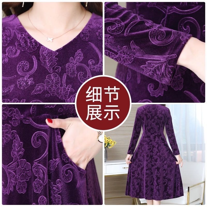 中老年女装金丝绒长袖春秋打底裙子 浅织中老年女装