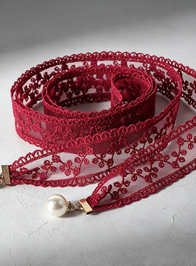 白色蕾丝珍珠两用腰带choker