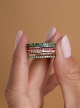 personality 七彩镶钻ring fully paved with diamonds layering