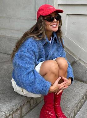 women's clothing 冬季new 克莱因蓝色翻领long sleeves 毛呢coat