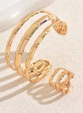 女士bracelet ring suit  personality 竹节线条设计开口bracelet