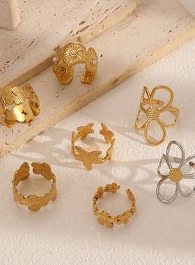 personality 不锈钢镂空flower ring 女百搭小众设计高级感食指戒