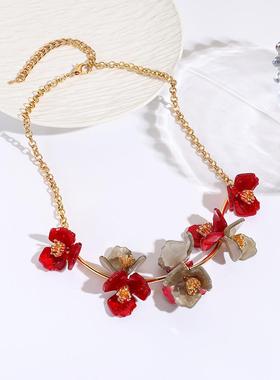 新品百搭链条acrylic 花型flower necklace 女personality 项饰首