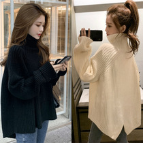 Autumn-winter big code cover belly Lazy Wind loose needle cardiovert blouse blouse Fatty Sister Foreign Air 100 lap high collar sweater outwear