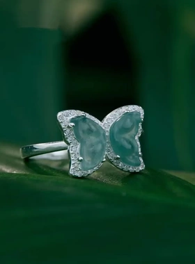 足银990翡翠戒指蝴蝶天然玉石纯银锆石尾戒中秋礼物戒子蝶风