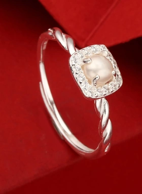 7892号足银990天然珍珠镶钻方糖蝴蝶戒指新中式精致百搭直播爆款