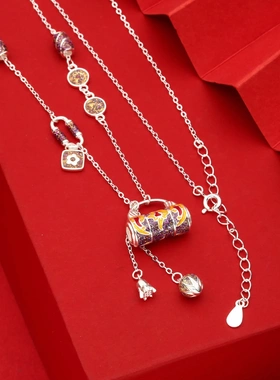 6832号足银990星光珐琅彩长命锁包包项链轻奢高级感锁骨链毛衣链