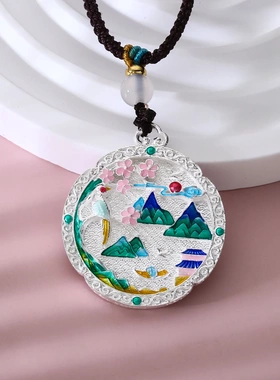 8586号足银999.9珐琅千里江山鸟语花香吊坠项链金色银色新中式爆