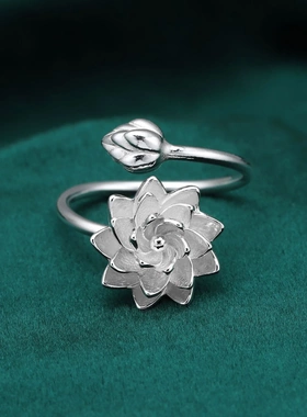 99纯银旋转可转动食指戒指环荷花莲花戒直销直播爆款