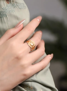 7247 足银999.9开口描金莲花戒指女款国风高级感食指指环直播爆款