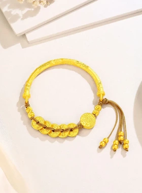 足银999.9古法五帝钱手镯女款镀金五路财神转运珠妇女节礼物