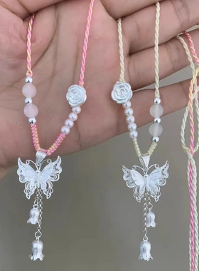 足银蝴蝶铃兰花编制项链女纯银2024新款锁骨链吊坠送女友直播爆款