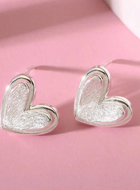 8267号足银990拉丝爱心耳钉金色银色轻奢小众简约百搭新中式耳钉