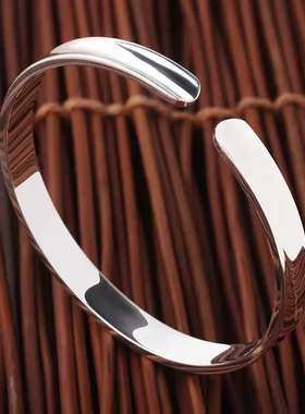 足银999.9手镯男女开口凹面贵妃银饰手环简约光面情侣银镯子刻字