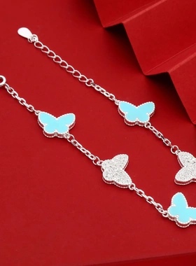 7658号足银990镶钻蝴蝶滴油蓝色蝴蝶手链高奢时尚直播爆款