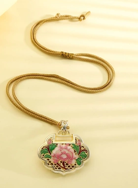 8747号 足银999.9描金珐琅牡丹花如意锁项链精致百搭直播爆款