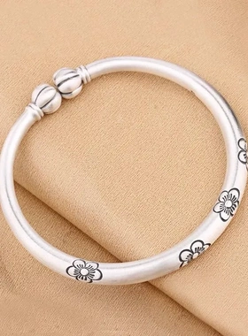 S9999足银南瓜头银手镯女纯银复古梅花开口中国风银饰品直播爆款