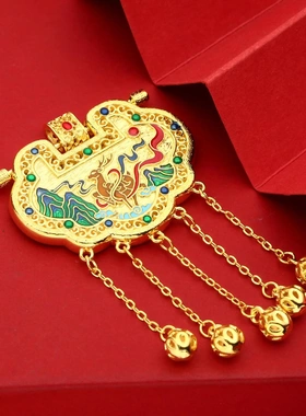 7018号足银999镀金珐琅花丝一鹿平安长命锁吊坠国潮新中式女项链