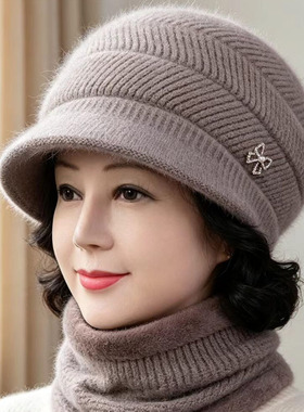秋冬中老年女加绒护耳针织帽