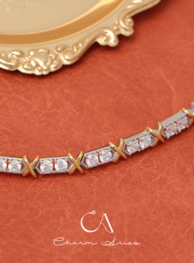 s925纯银双色交叉排钻手链