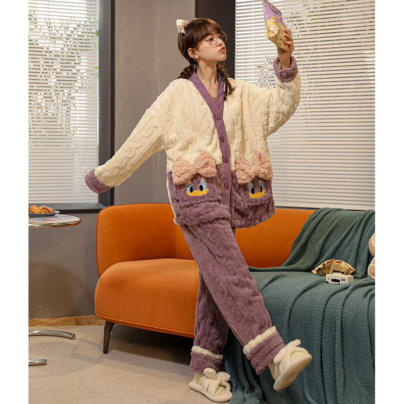 珊瑚绒睡衣女士秋冬季可爱卡通加绒加厚开衫法兰绒家居服保暖套装