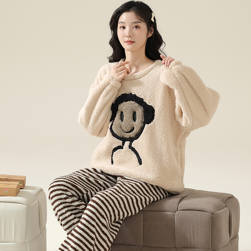 珊瑚绒睡衣女士秋冬季加绒加厚可爱卡通法兰绒家居服冬款保暖套装