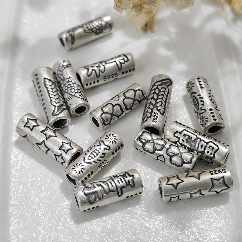 S925银复古实心加厚招财纳福平安喜乐鱼桶珠编织手绳串项链配件 - 图1