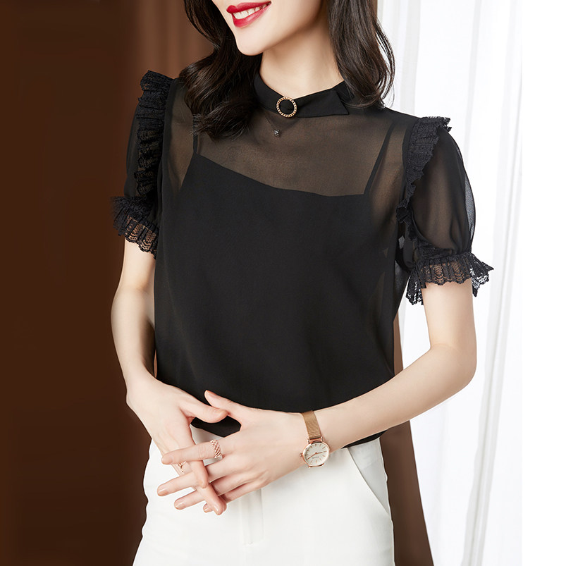 透视女短袖2020夏季新款宽松雪纺衫 古妮朵女装蕾丝衫/雪纺衫