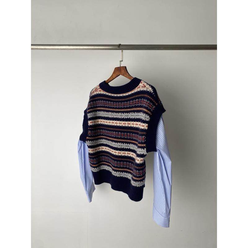 2026年春季新款复古费尔岛风假两件针织衫圆领拼接衬衫袖毛衣上衣,淘宝优惠券,粉丝福利购,淘宝优惠卷