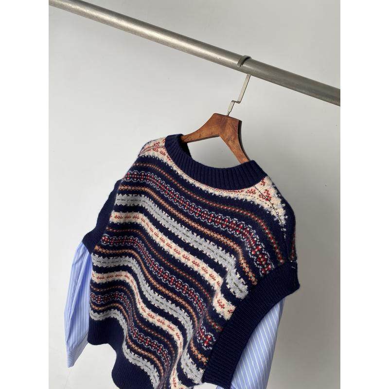 2026年春季新款复古费尔岛风假两件针织衫圆领拼接衬衫袖毛衣上衣,淘宝优惠券,粉丝福利购,淘宝优惠卷