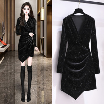 Light Extravagant Advanced Senses Autumn winter ultra good looking dress Dress Feminine Thickened Silk Suede Buns Hip Dresses Dress Temperament Little Black Dresses