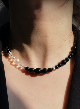 天然巴西白水晶黑金曜石项链男女款饰品高级感轻奢小众毛衣链秋冬