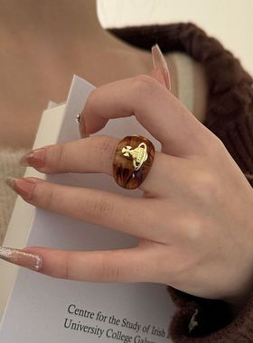 法式土星元素玳瑁色古着小众设计文艺复古优雅懒散星球造型指环戒