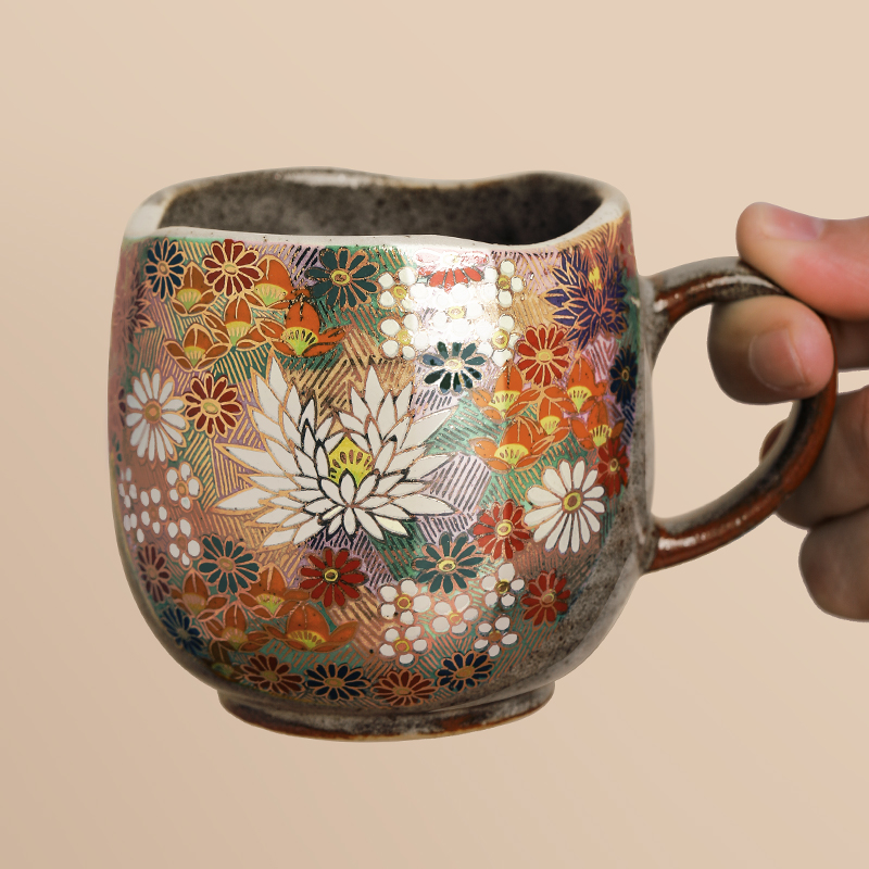 日本进口九谷烧手作金花诘马克杯猫咪咖啡杯茶杯结婚生日礼物杯子