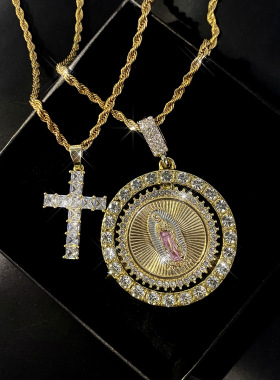 欧美嘻哈风合金满钻十字架圣犹达吊坠项链男女百搭时尚配饰