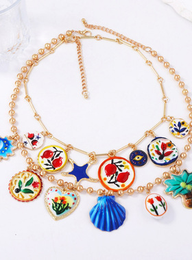 女式个性潮流设计感合金印花彩色花朵项链吊坠手链套装