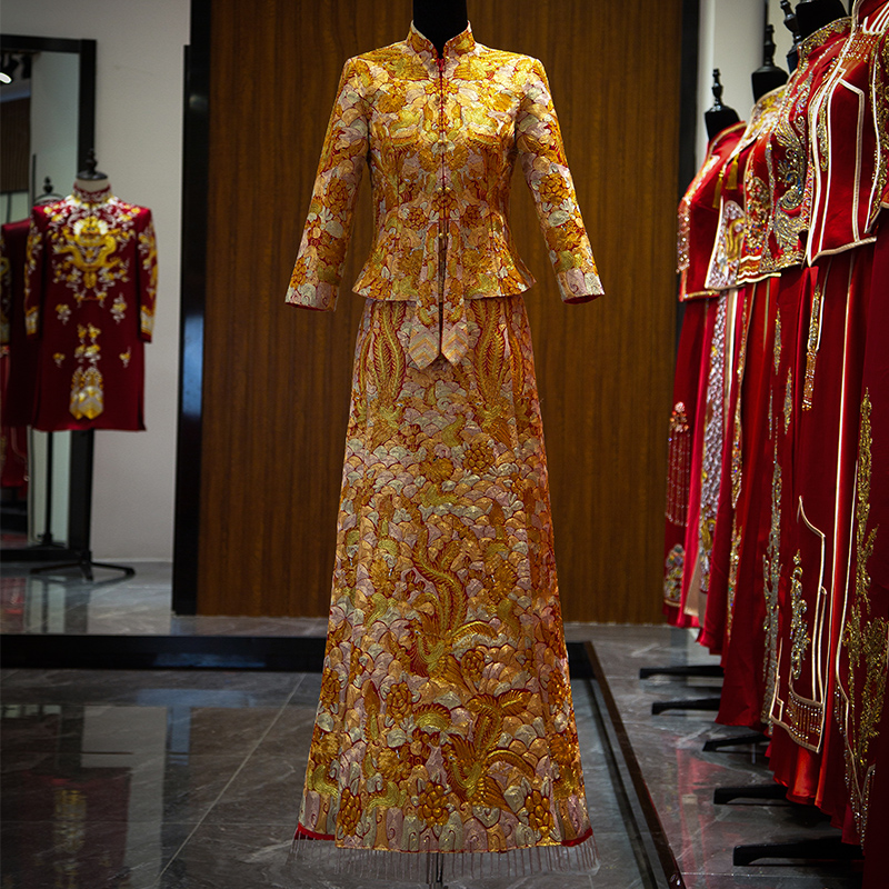 龙凤褂秀禾服2021新款新娘中式婚纱 深麻旗袍