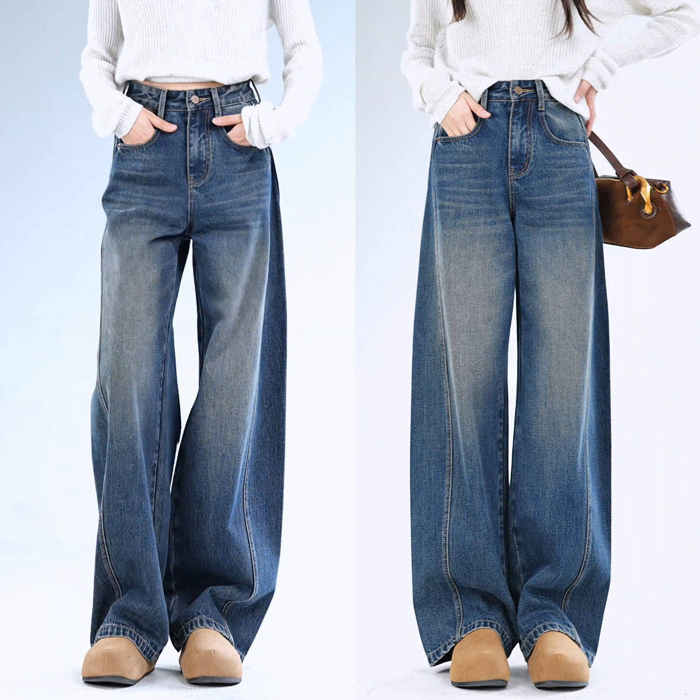 拉夏贝尔牛仔宽裤2025新款加绒裤子女胖mm大尺码香蕉裤显瘦弯刀裤,淘宝优惠券,粉丝福利购,淘宝优惠卷