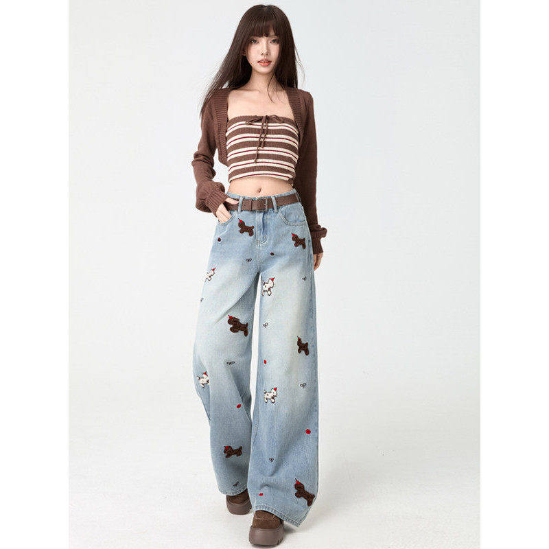 拉夏贝尔美式复古小狗刺绣复古阔腿牛仔裤女2026春季爆款辣妹裤子,淘宝优惠券,粉丝福利购,淘宝优惠卷
