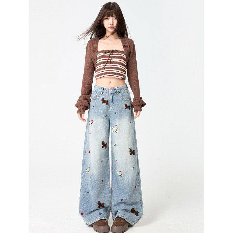拉夏贝尔美式复古小狗刺绣复古阔腿牛仔裤女2026春季爆款辣妹裤子,淘宝优惠券,粉丝福利购,淘宝优惠卷