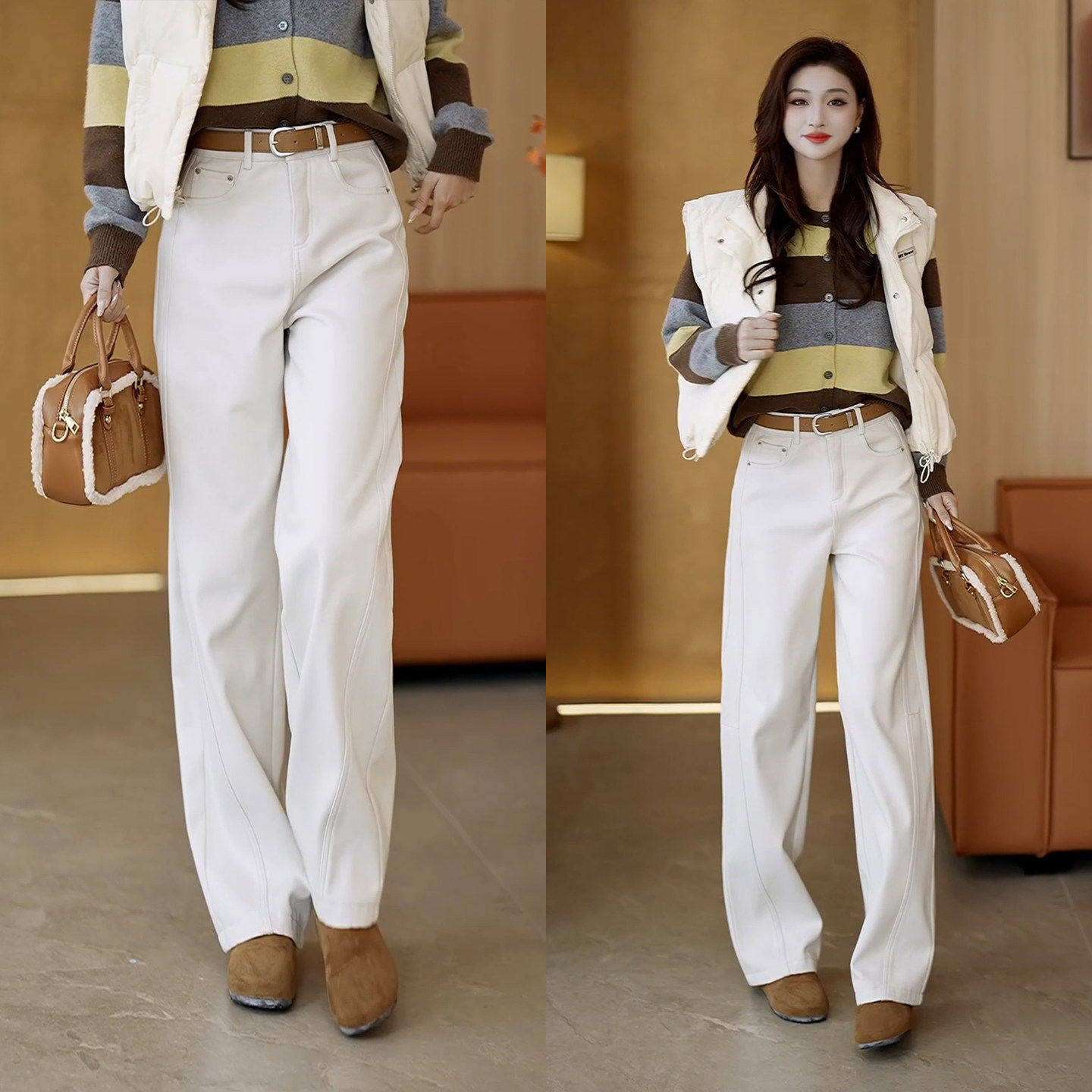 拉夏贝尔加绒阔腿裤女秋冬季浅色牛仔裤2025新款休闲裤弯刀裤长裤,淘宝优惠券,粉丝福利购,淘宝优惠卷