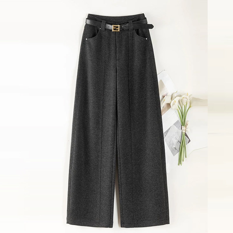 拉夏贝尔醋酸羊毛呢弯刀裤女2025秋冬新款高腰显瘦垂感休闲阔腿裤,淘宝优惠券,粉丝福利购,淘宝优惠卷