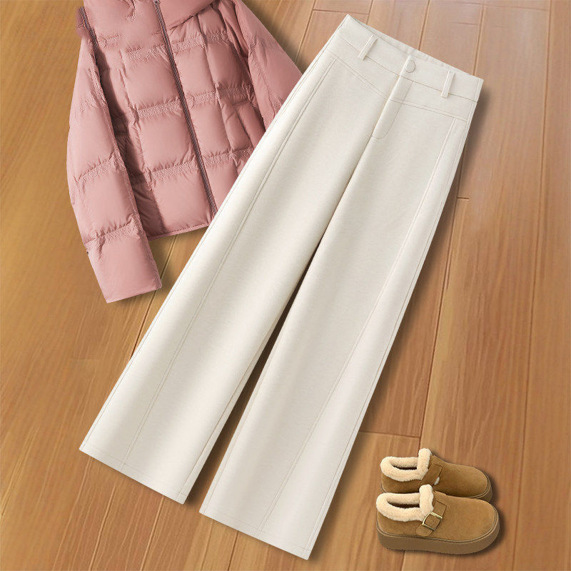 拉夏贝尔浅灰色羊绒弯刀裤女冬季2025新款超好看小个子直筒阔腿裤,淘宝优惠券,粉丝福利购,淘宝优惠卷