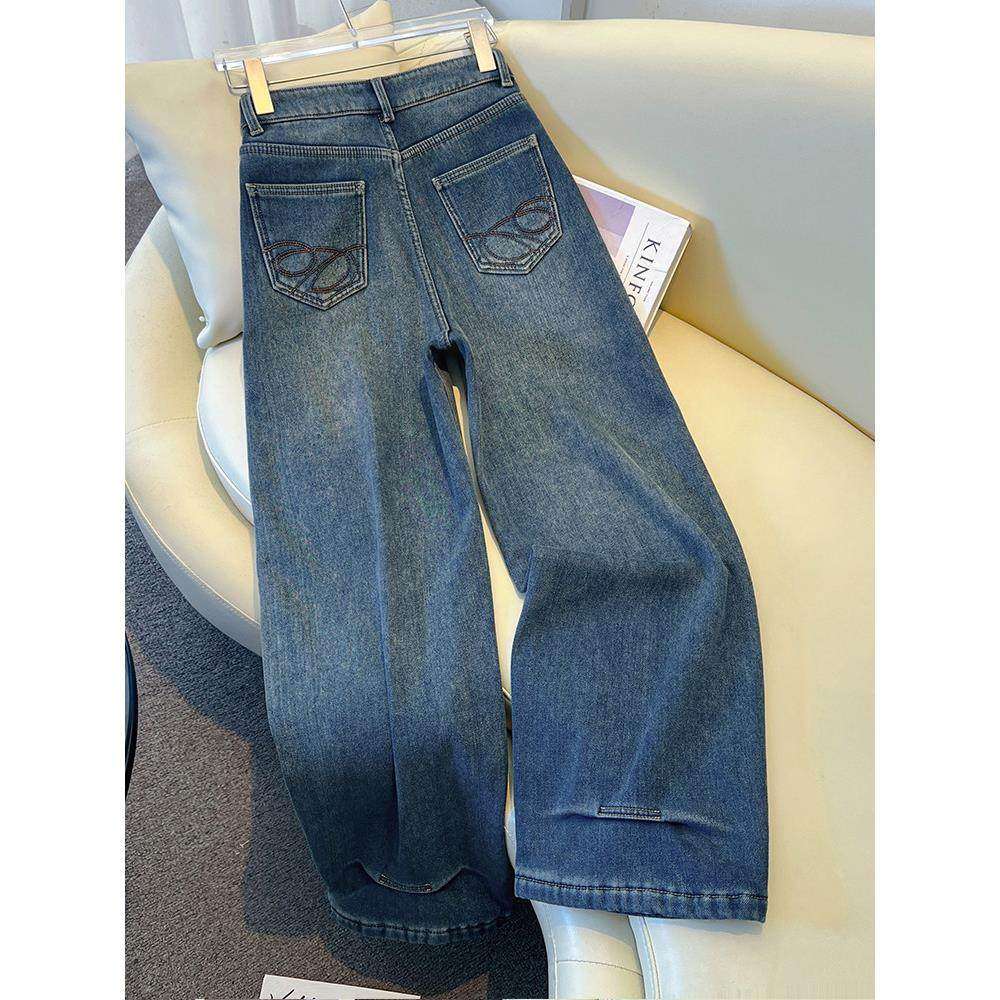 拉夏贝尔蓝色加绒牛仔裤女秋冬季2025新款梨形身材阔腿裤直筒长裤,淘宝优惠券,粉丝福利购,淘宝优惠卷