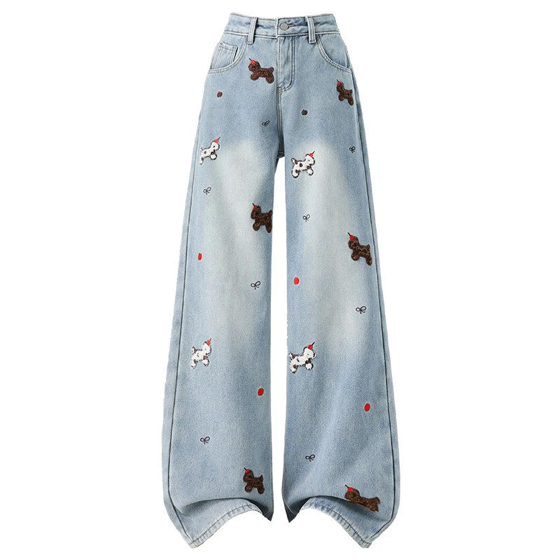拉夏贝尔美式复古小狗刺绣复古阔腿牛仔裤女2026春季爆款辣妹裤子,淘宝优惠券,粉丝福利购,淘宝优惠卷