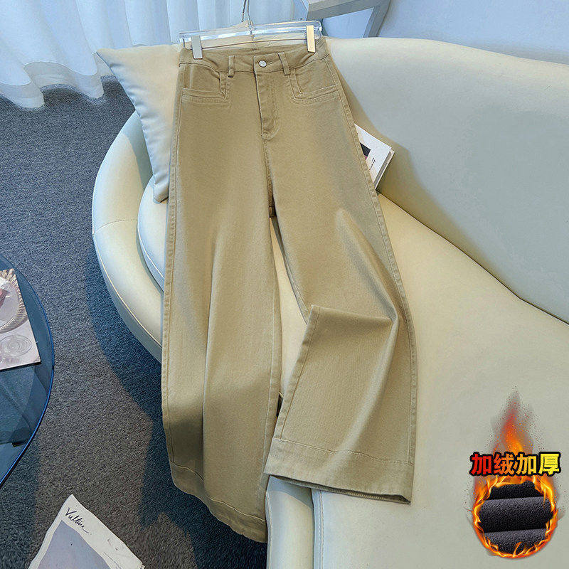 拉夏贝尔米白色加绒裤子女冬季2025款水洗棉小个子宽松百搭阔腿裤,淘宝优惠券,粉丝福利购,淘宝优惠卷